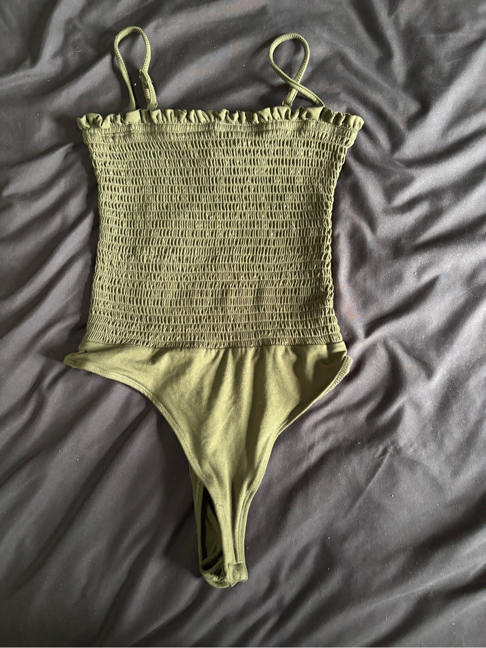 Revamped Olive Smocked One-Piece Bodysuit